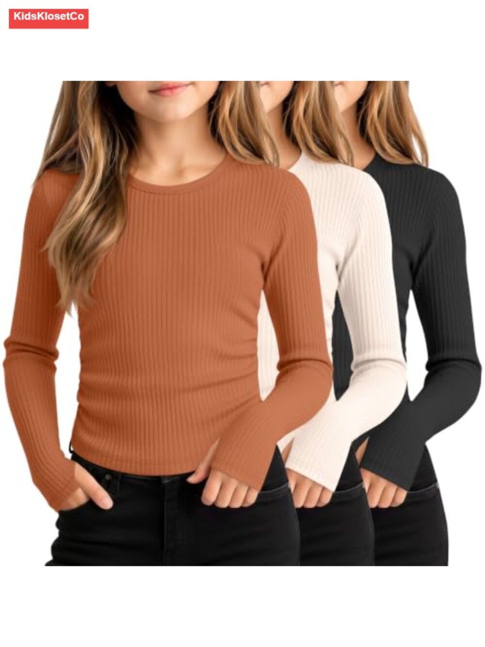 3 Pack Girls 95% Cotton Long Sleeve Tees with Thumb Holes